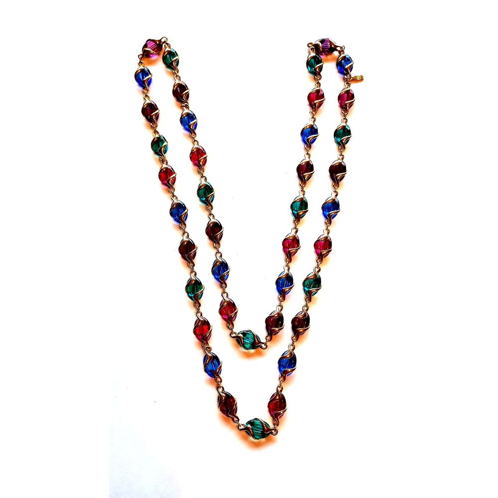 Vintage Swarovski Multicolor Glass 18 inch Long Necklace Gold Tone Twist